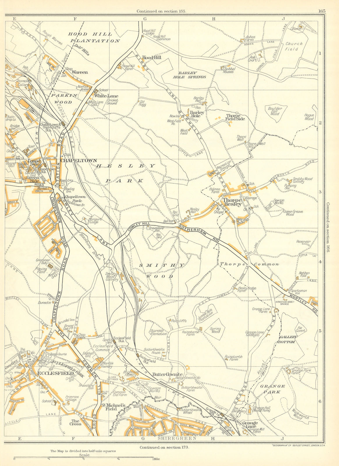 CHAPELTOWN Shiregreen Ecclesfield Thorpe Hesley Grange Park Hood Hill 1935 map